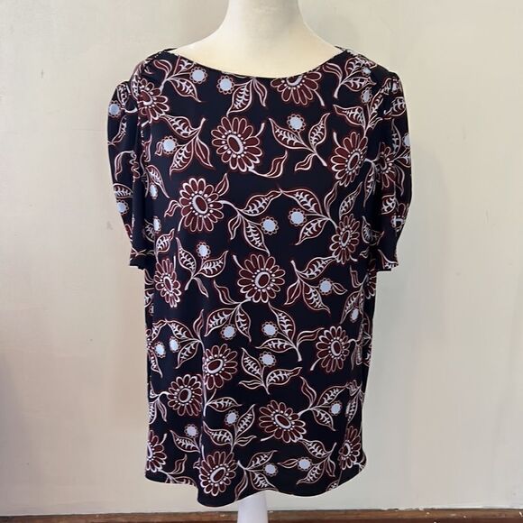 Ann Taylor black burgundy floral short sleeve blouse Size M - Picture 7 of 9